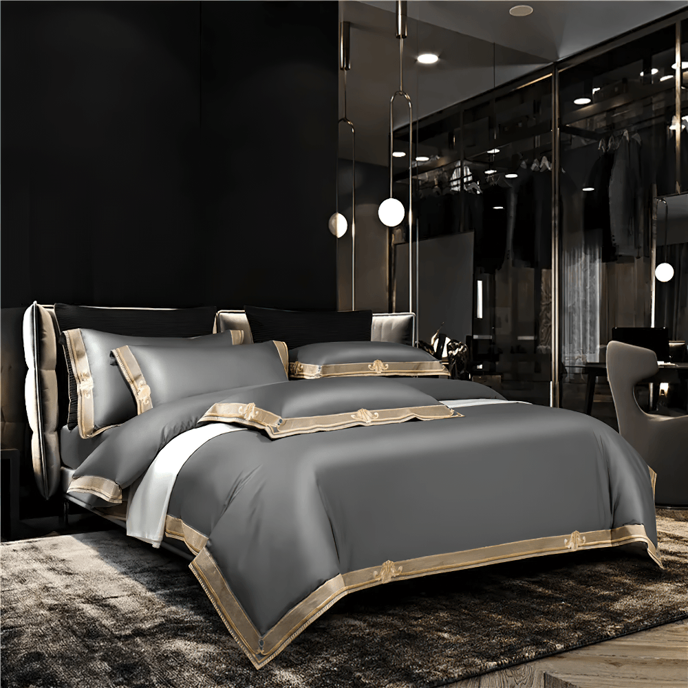 Satin Egyptian Cotton Bedding Set With Gold Embroidery