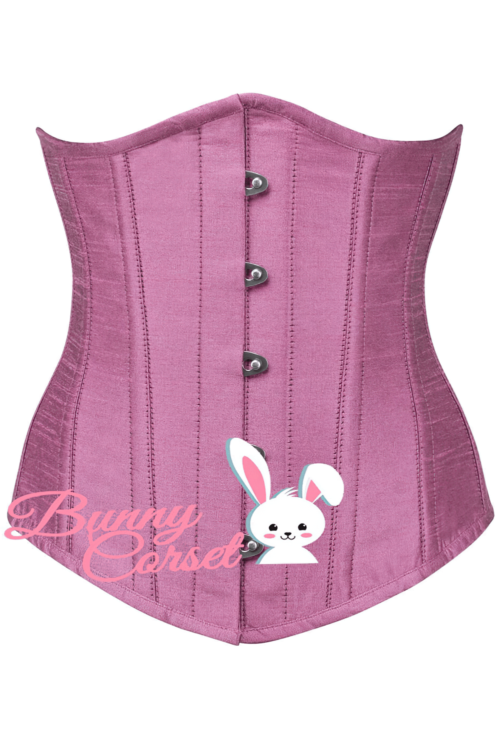 Satin underbust corset in elegant pink with metal busk and modesty panel for waist training and stylish shaping.