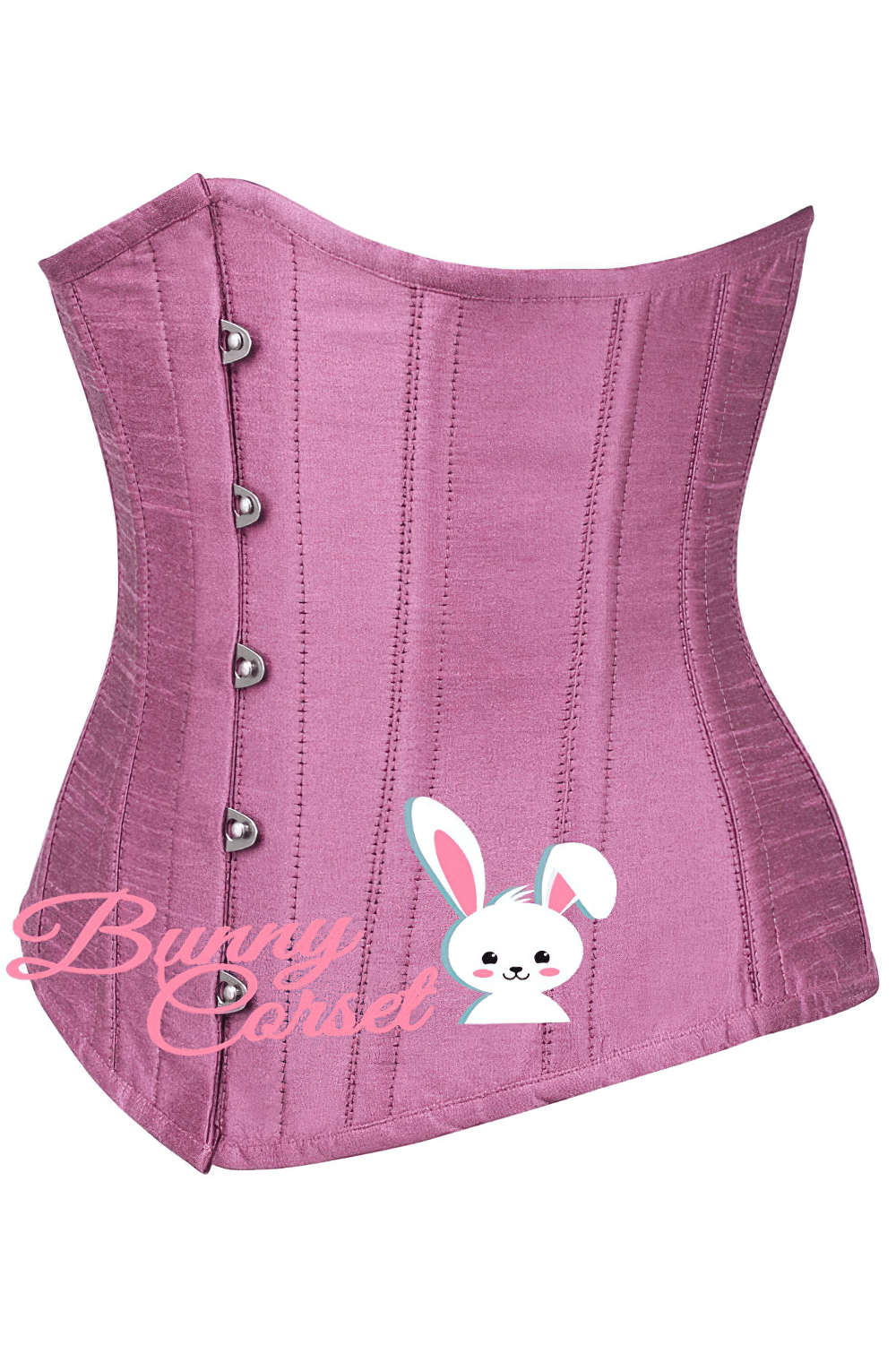 Satin underbust corset with steel boning in elegant pink, featuring a front busk closure and subtle curves.