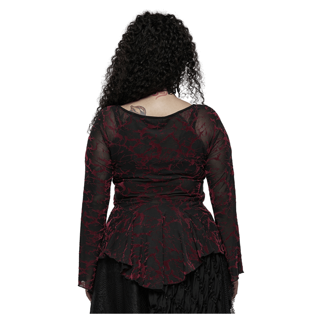 Back view of the Scarlet Abstract V-Neck Mesh Goth Top showcasing its elegant flared cuffs and striking pattern.