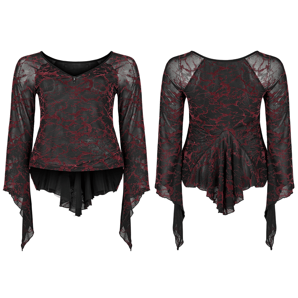 Scarlet abstract V-neck mesh goth top for women with flared cuffs, perfect for a striking daily look.
