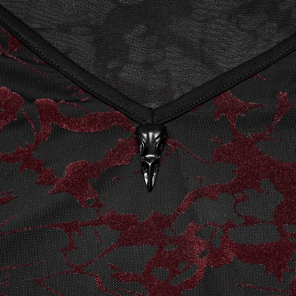 Scarlet abstract V-neck mesh top for women featuring a unique bird skull decoration.