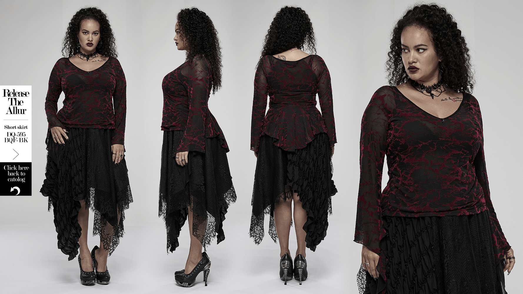 Scarlet abstract V-neck mesh gothic top for women, featuring flared cuffs and bird skull decoration, styled with a layered black skirt.
