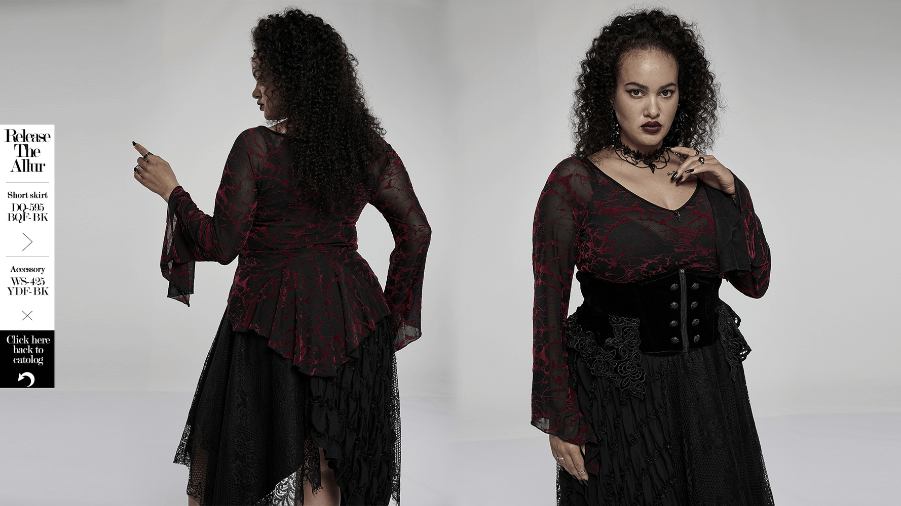 Women’s scarlet abstract V-neck mesh goth top with flared cuffs, stylishly modeled from front and back.