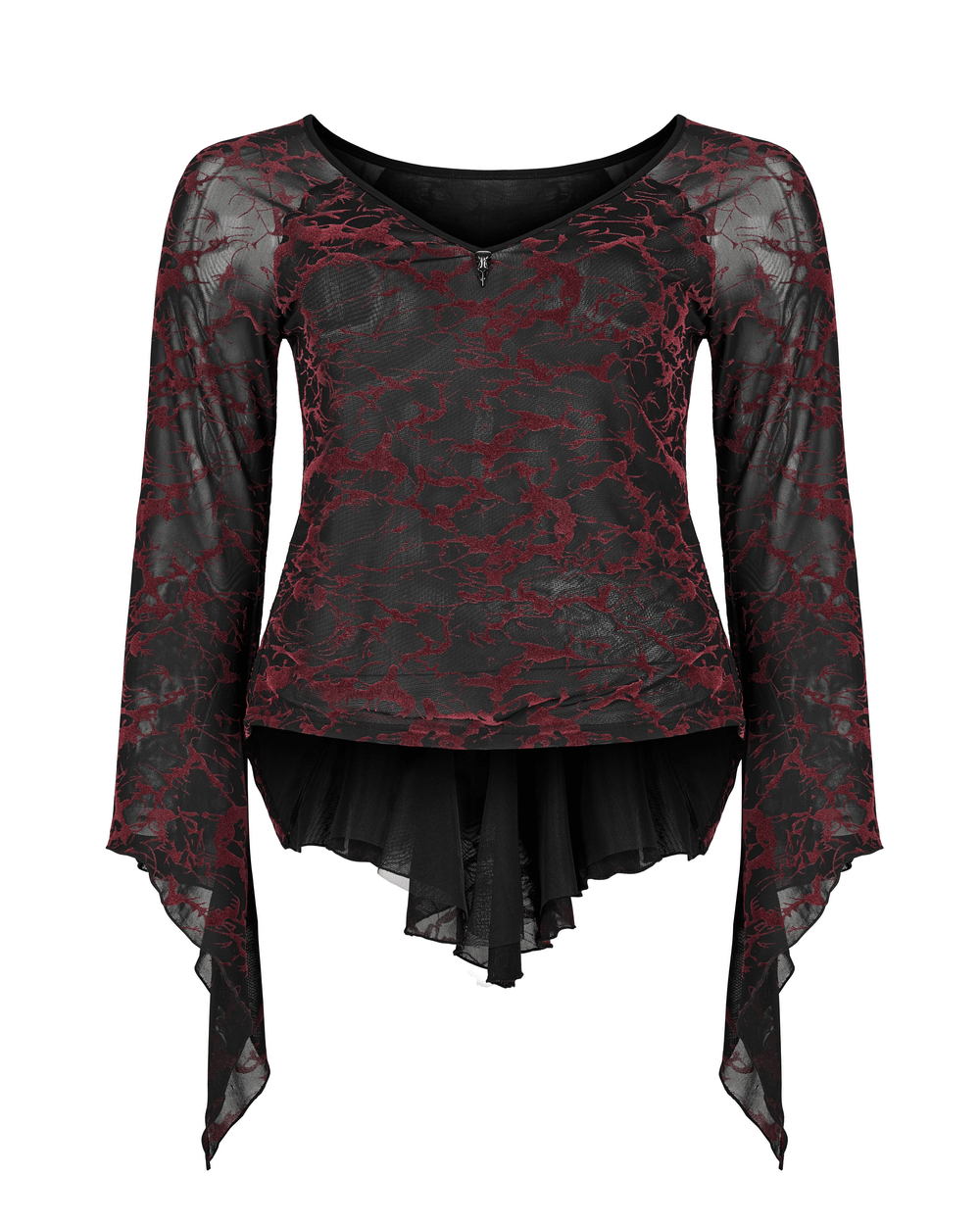 Scarlet abstract V-neck mesh goth top with flared cuffs for women, perfect for elevating any gothic wardrobe.