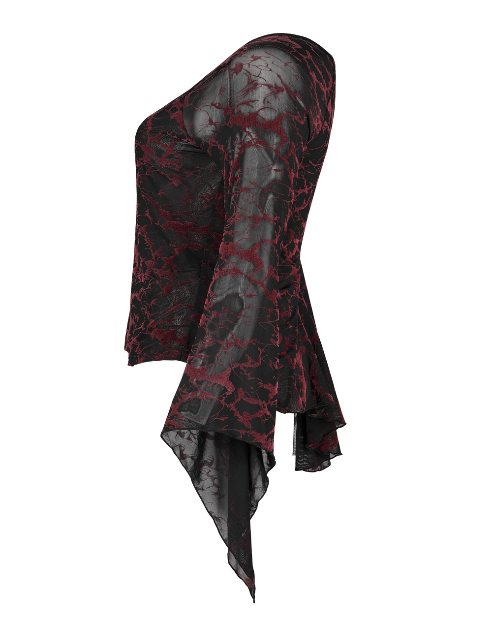Scarlet abstract V-neck mesh goth top for women, featuring flared cuffs and a unique design.