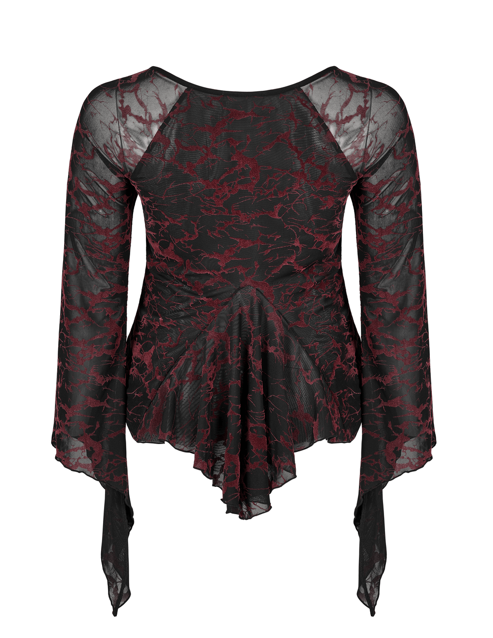 Scarlet abstract V-neck mesh goth top for women with flared cuffs and stylish back design.