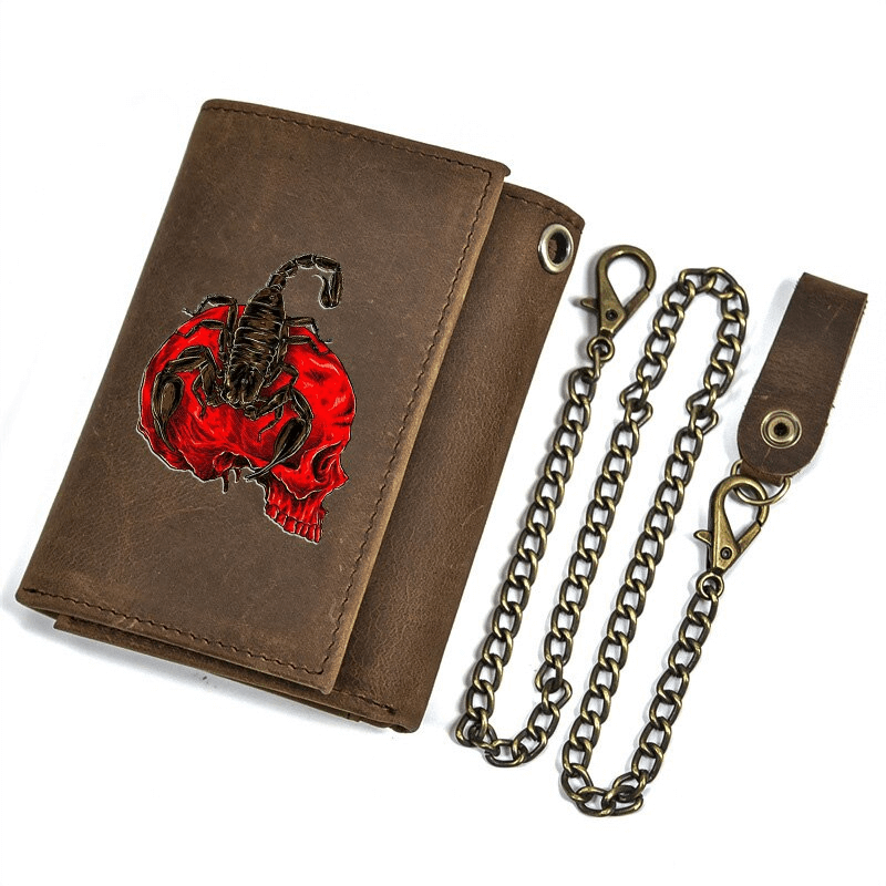 Scorpion Skull Card Holder Short Purse / Genuine Leather Wallet With Iron Chain - HARD'N'HEAVY