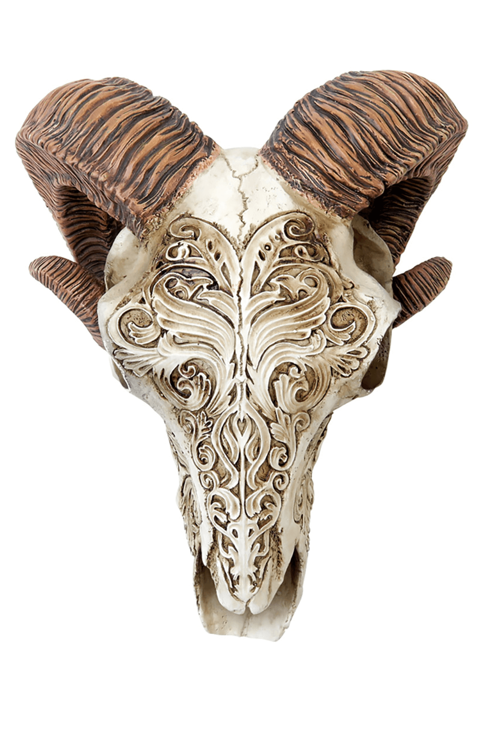Scrimshaw ram skull with ornate foliate carvings, perfect for gothic decor and dark mythological art collectors.