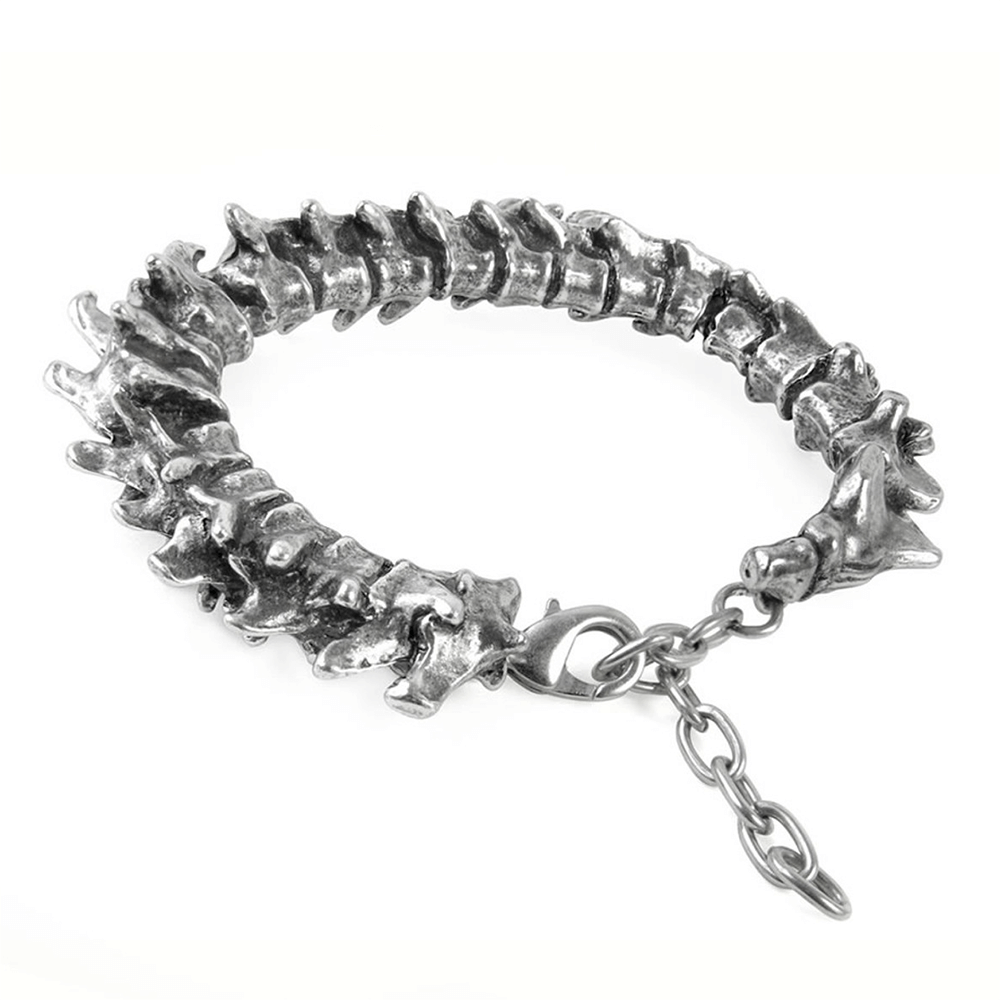 Sculpted pewter vertebrae bracelet for metal fans, featuring a solid hinged design and safety chain.