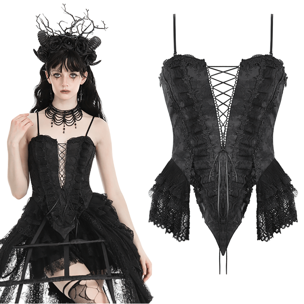 Seductive black lace-up corset with ruffled trim and deep V-neck, perfect for a dramatic elegance.