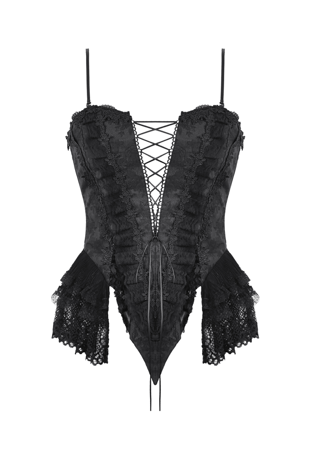 Elegant black lace corset with deep V-neck, ruffled trim, and adjustable lace-up front for a perfect fit.