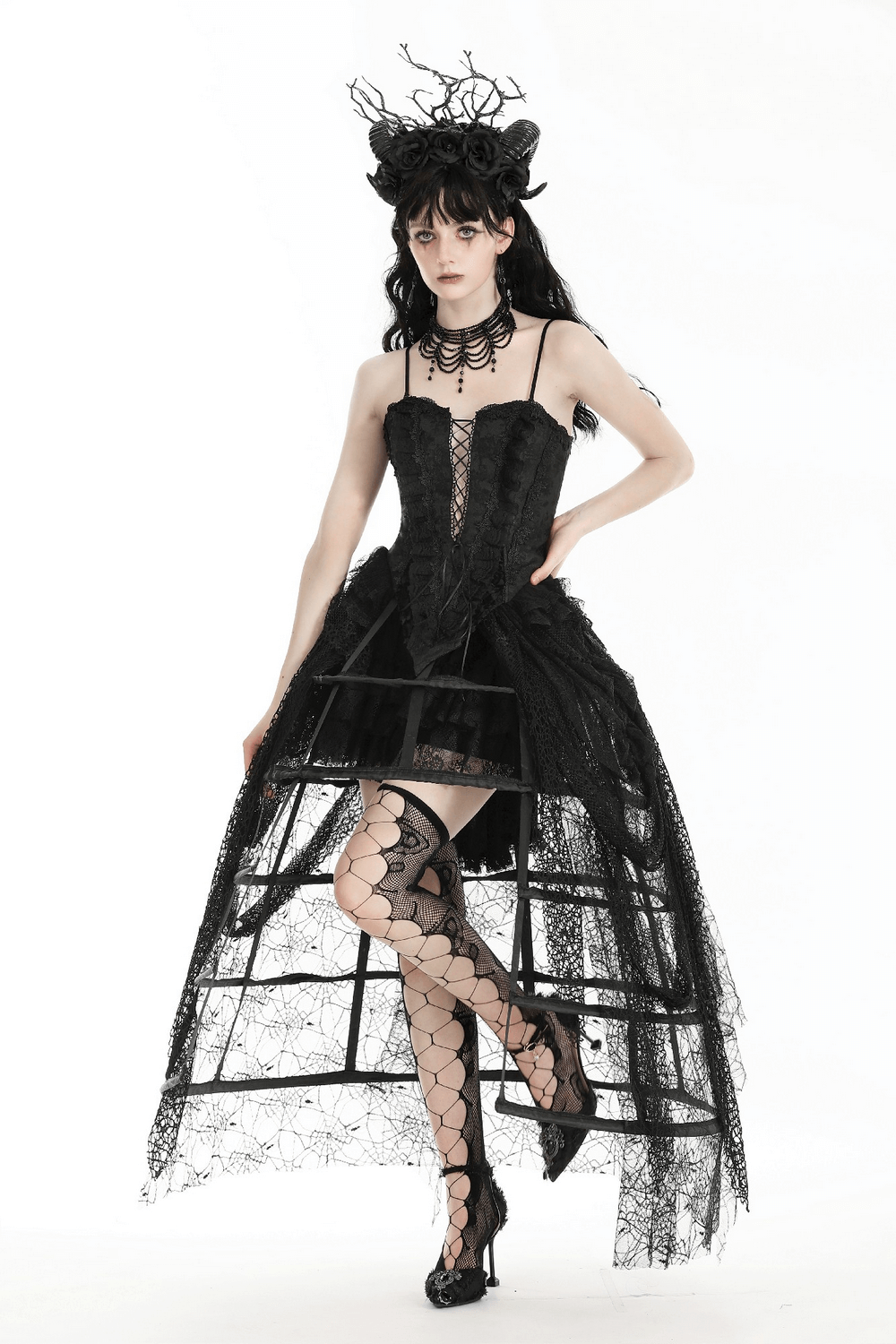 Seductive Lace-Up Black Corset with Ruffled Trim