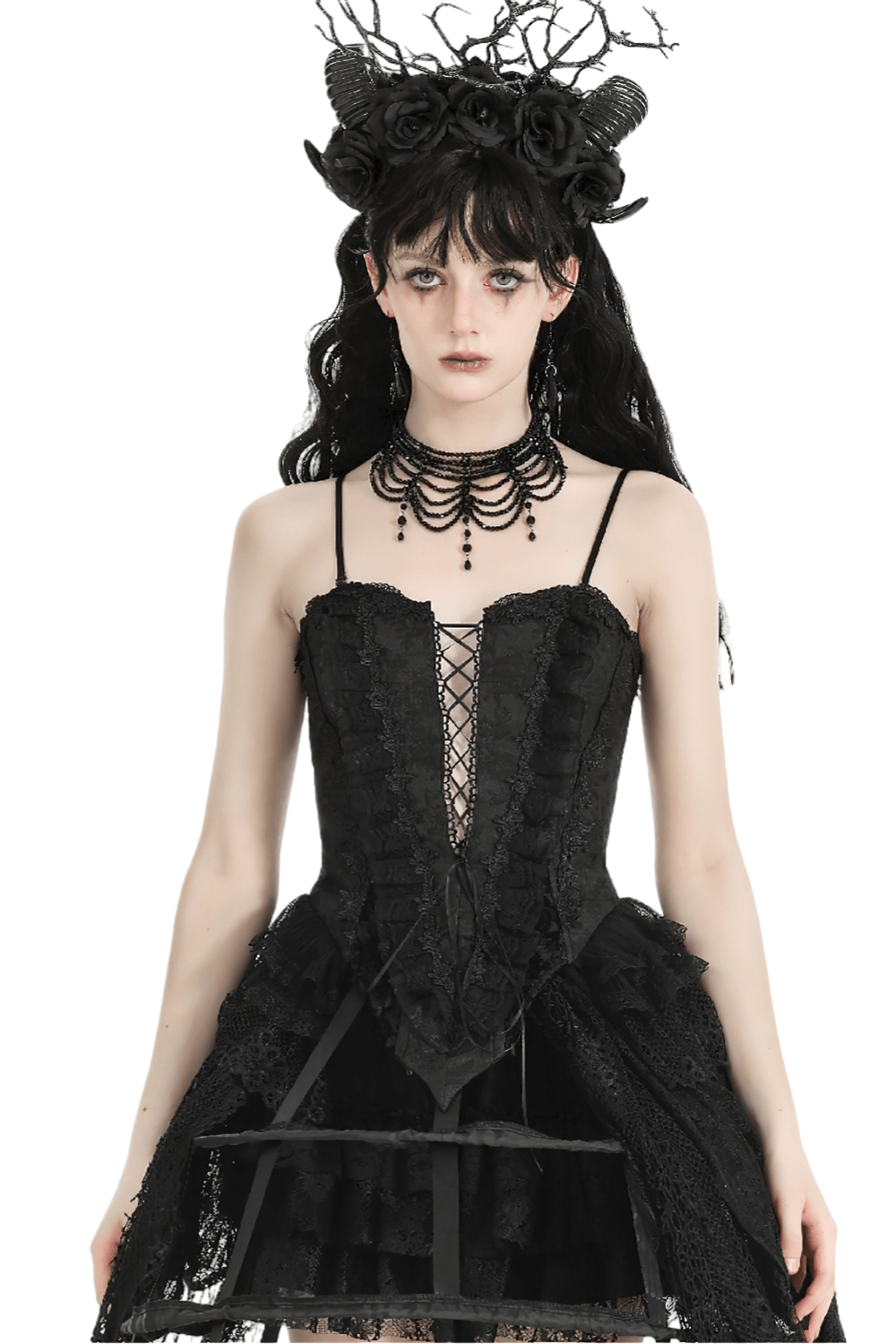 Seductive black lace corset with ruffled trim, deep V-neck, and intricate lace details for a stunning silhouette.