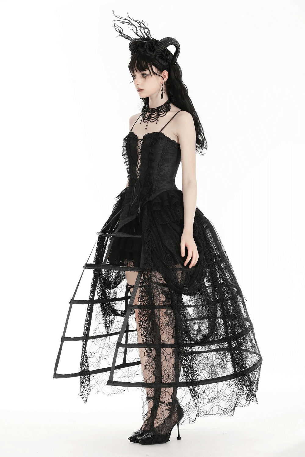 Elegant black corset dress with lace details, ruffled trim, and dramatic flared skirt for a stunning silhouette.