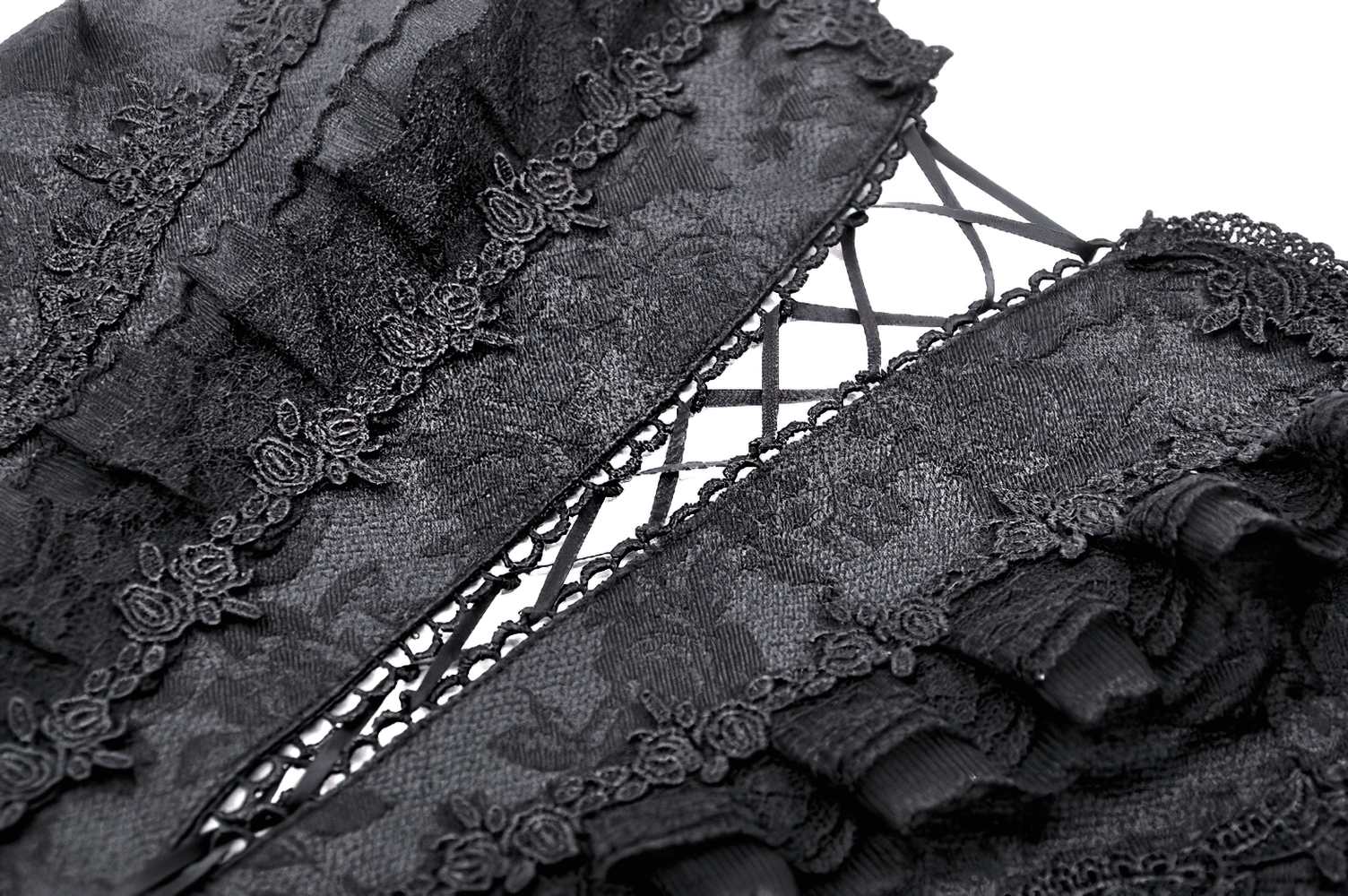 Elegant black lace corset close-up featuring intricate lace details and flared ruffled trim.