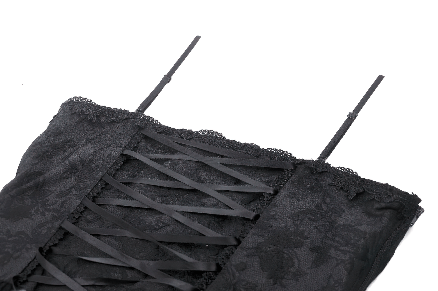 Close-up of a seductive black lace-up corset featuring ruffled trim and adjustable straps.