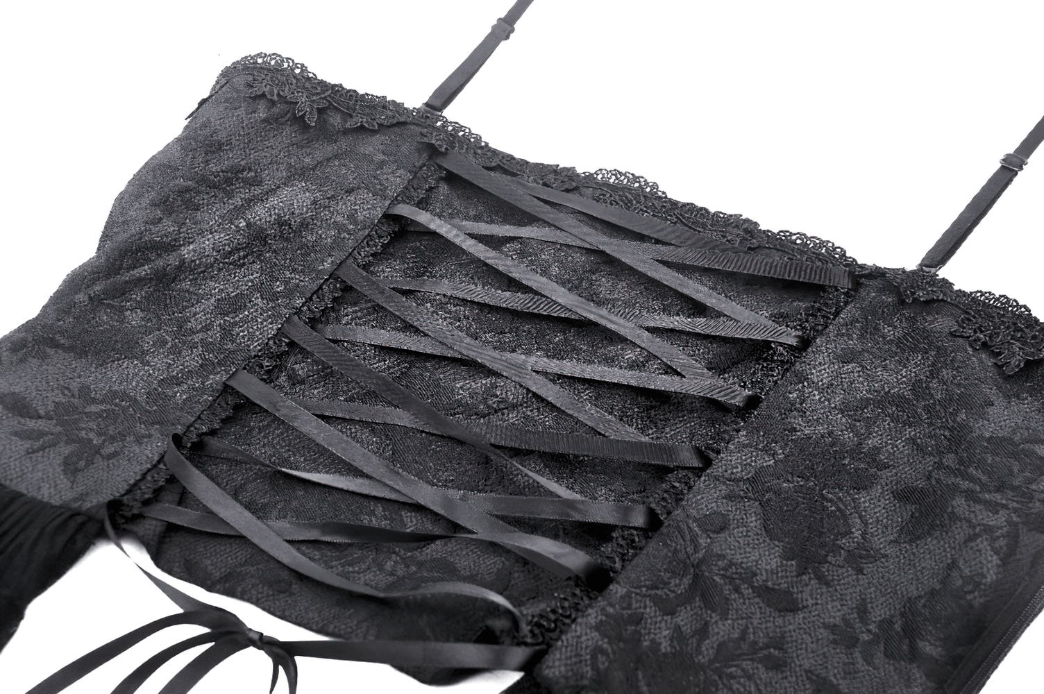 Seductive black lace corset with lace-up design and ruffled trim for a stunning silhouette enhancement.