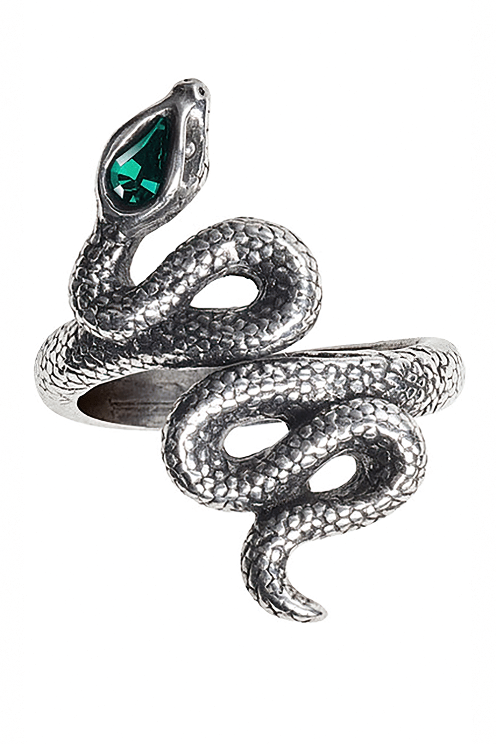 Serpent Gothic ring featuring a coiled snake design with a green Austrian crystal, symbolizing power and transformation.