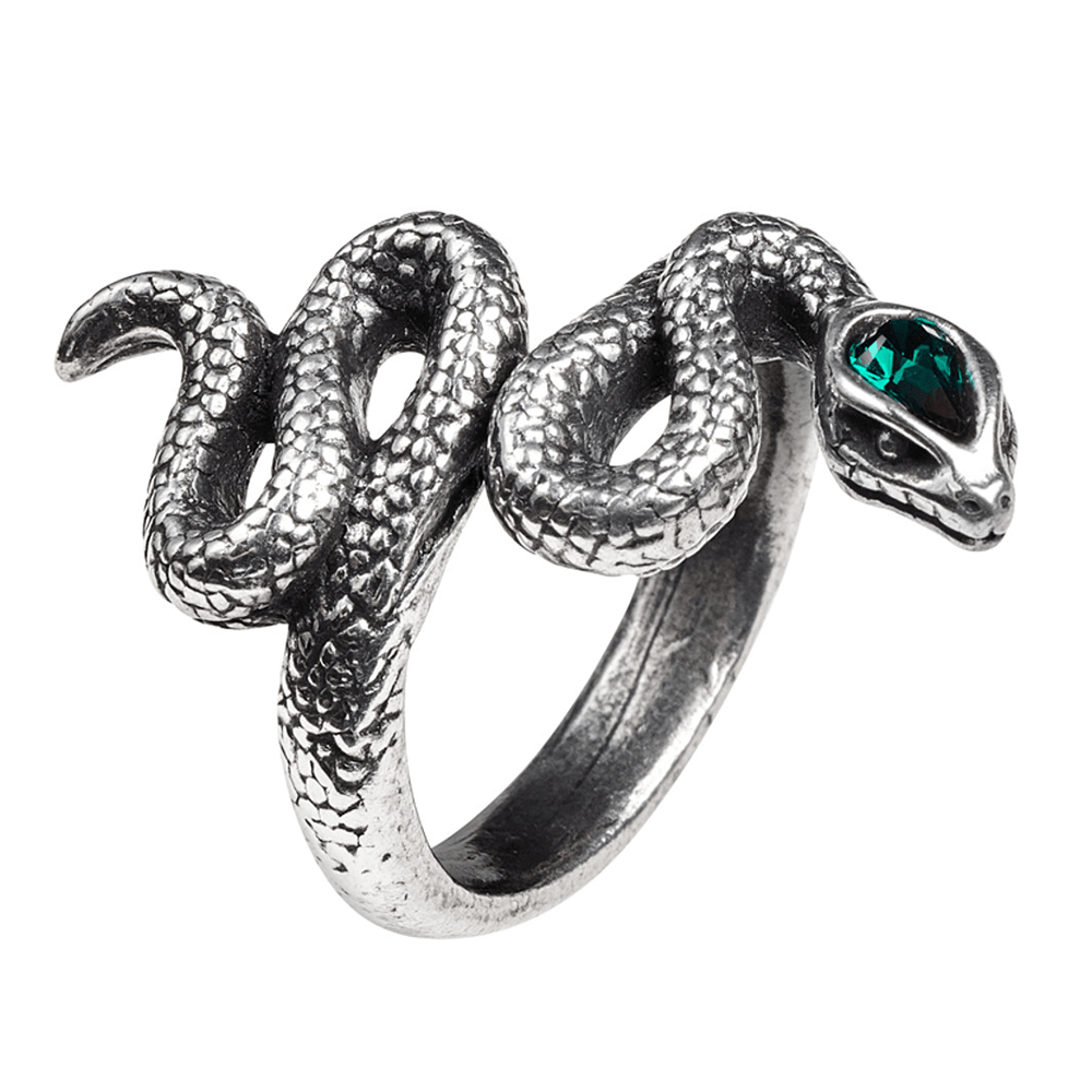 Gothic Serpent Ring featuring a snake design and a green Austrian crystal accent.