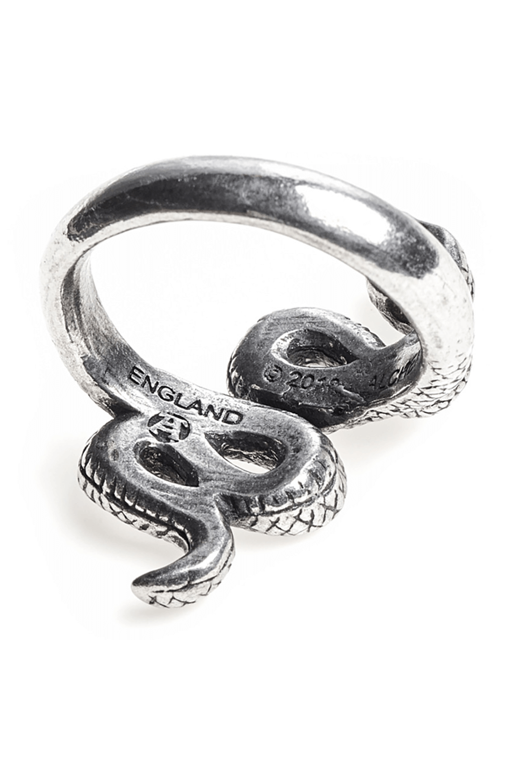 Gothic serpent ring in silver with intricate snake design, featuring a powerful green Austrian crystal.