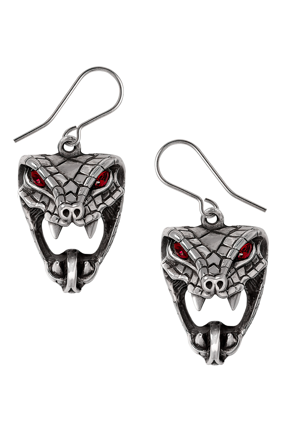 Serpent Skull Red-Eye Snake Bite Dangler Earrings featuring serpent heads with red crystal eyes.