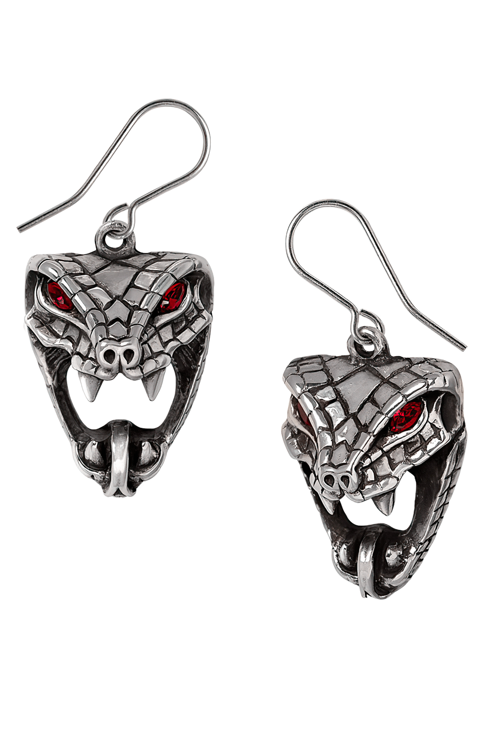 Serpent Skull Red-Eye Snake Bite Dangler Earrings showcasing intricate serpent design with red eyes.