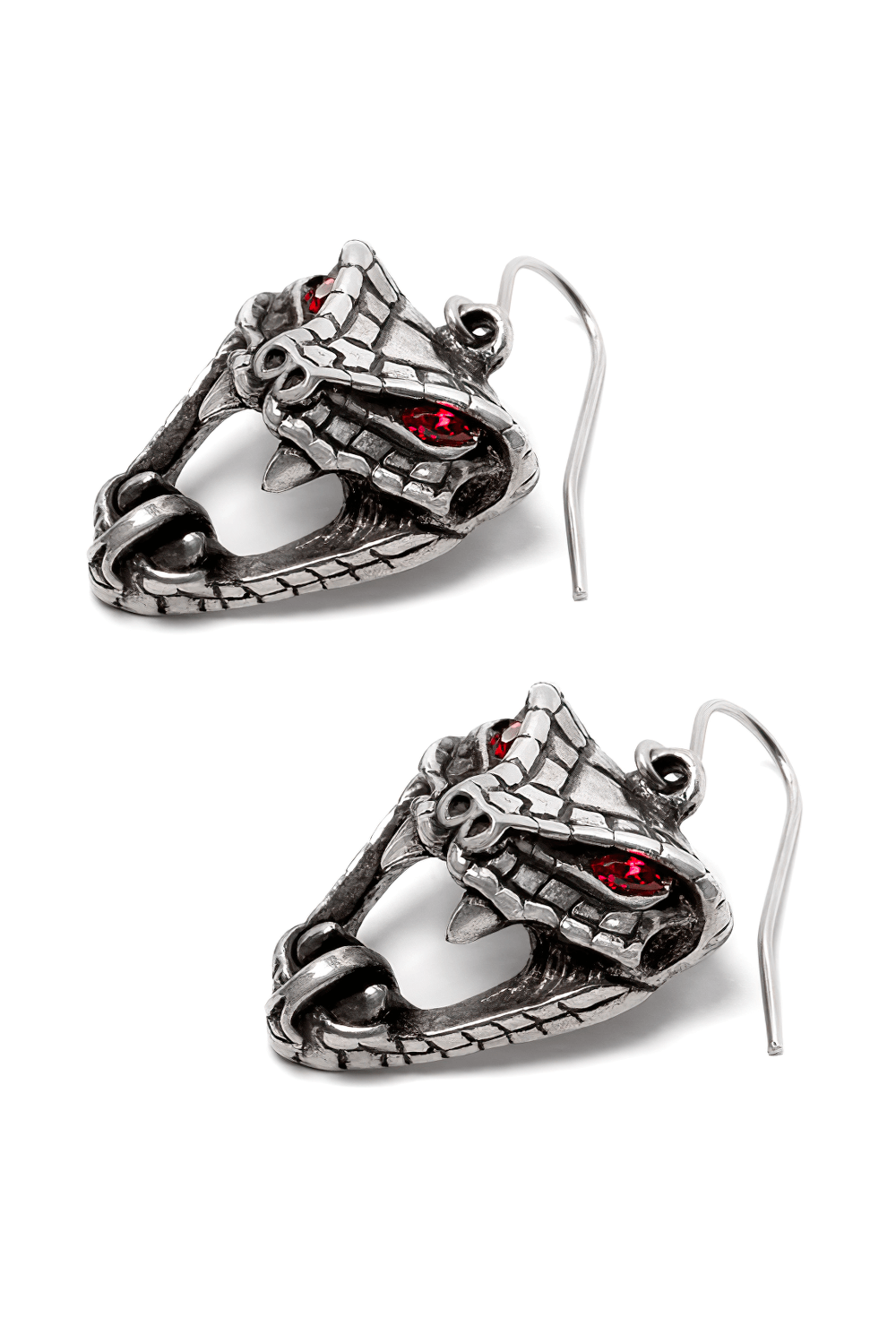 Serpent Skull Red-Eye Snake Bite Dangler Earrings featuring intricate serpent designs and red eyes.