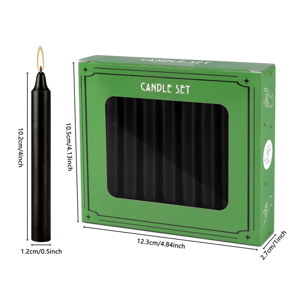 Set of 10 black drip-free candles in elegant packaging, perfect for weddings and events.