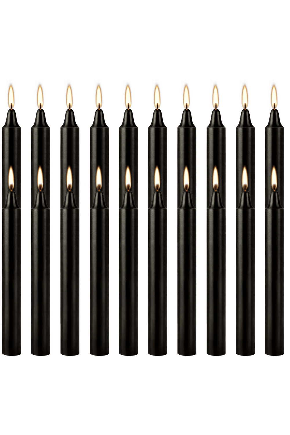 Set of 10 black drip-free candles with flames, perfect for weddings and elegant events.