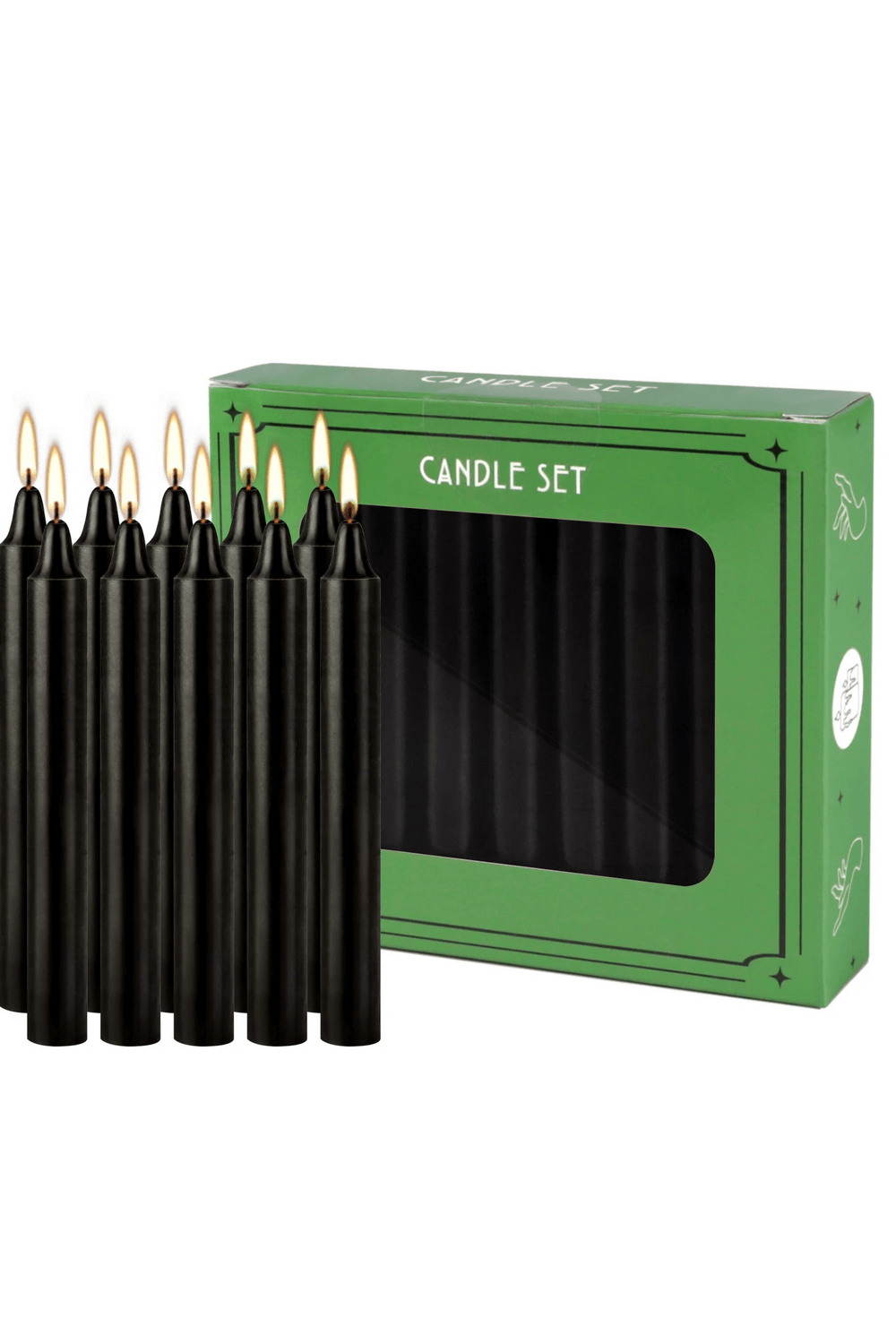 Set of 10 elegant black drip-free candles in a stylish box, perfect for weddings and events.
