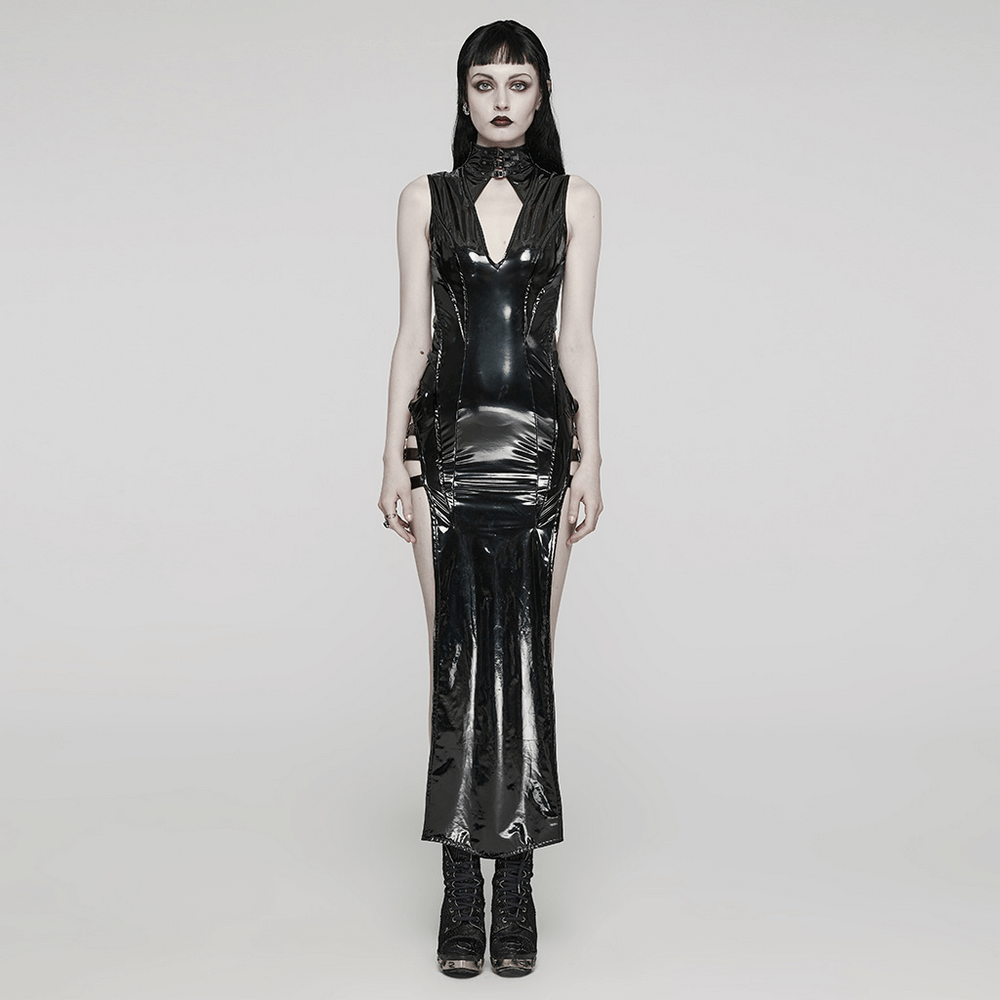 Model showcasing a sexy black faux leather long slit dress with edgy design and high-side slits.