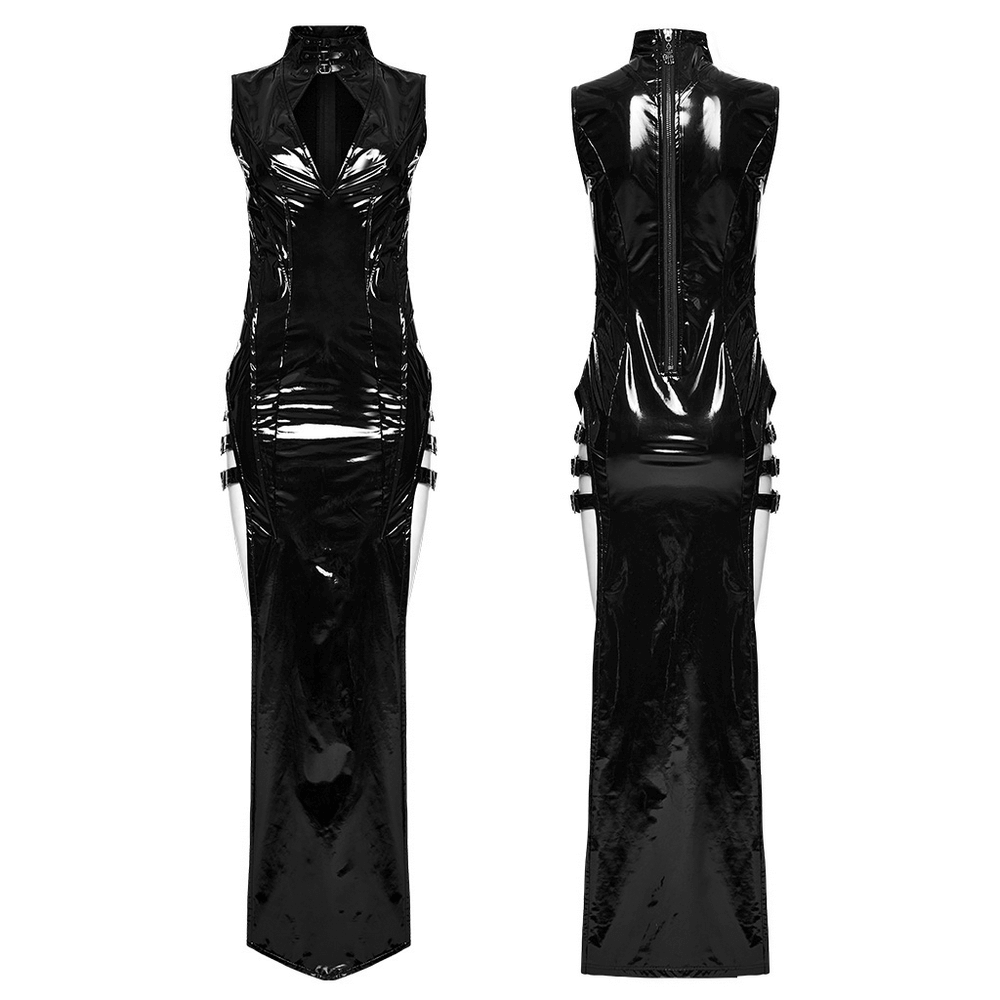Sexy black faux leather long slit dress with glossy finish and punk rock details, perfect for a night out.