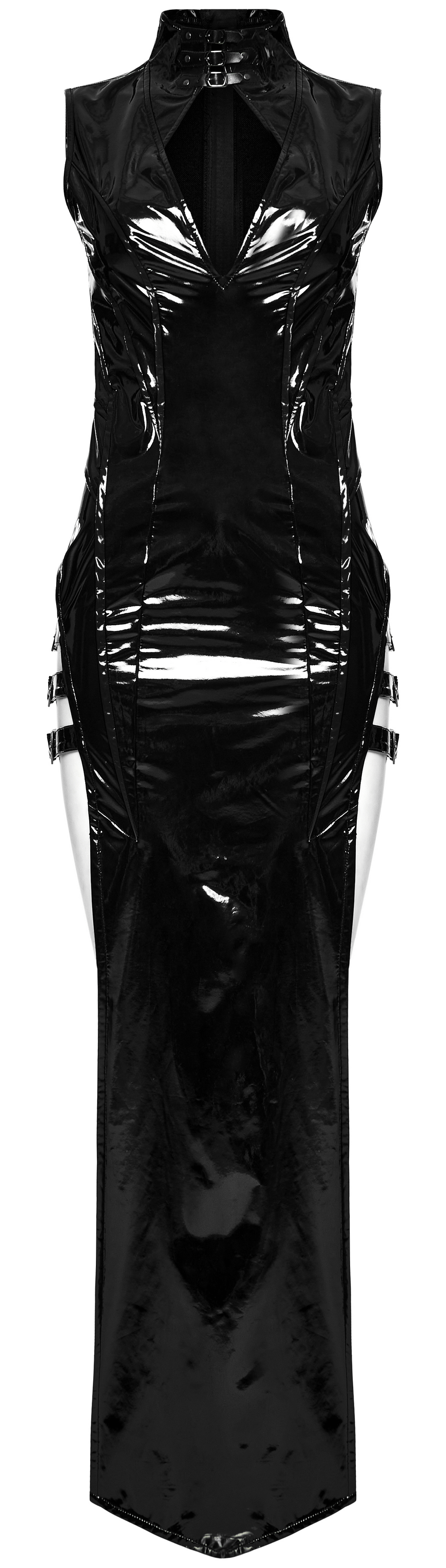 Sexy black faux leather long slit dress with edgy design and high-side slits for a bold look.