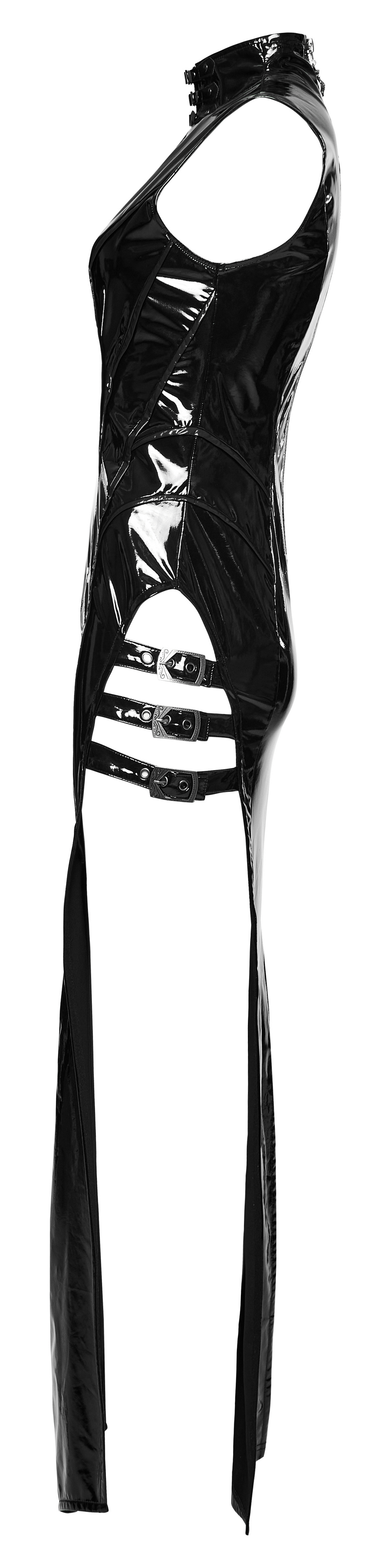 Sexy black faux leather dress with high slits and edgy buckle details, perfect for making a bold fashion statement.