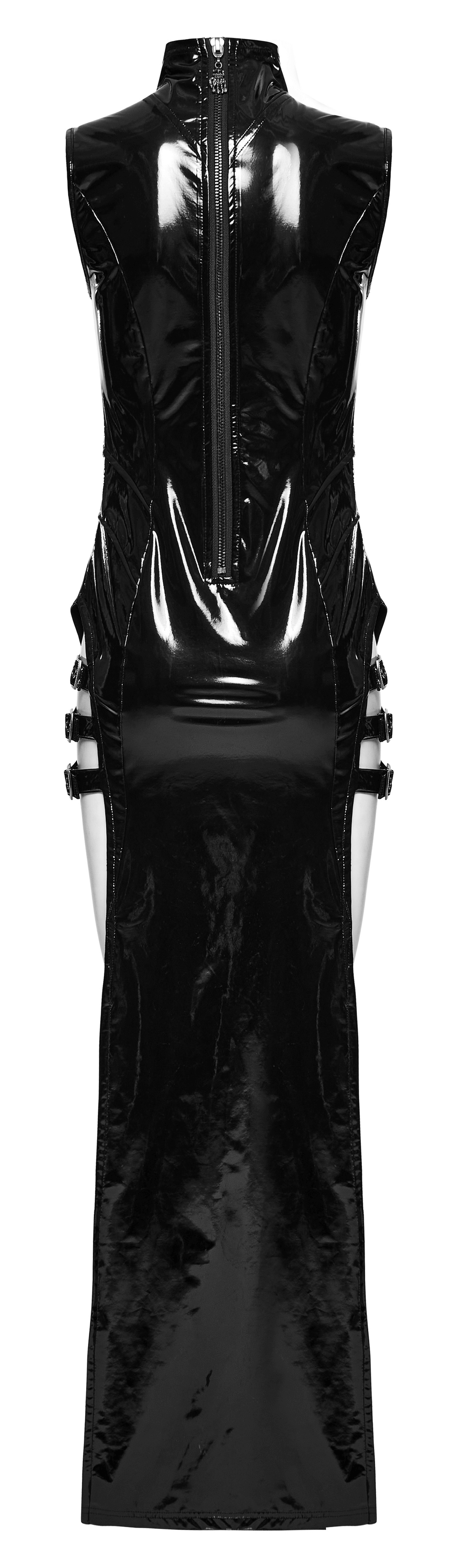Back view of a sexy black faux leather long slit dress with thick metal zippers and edgy design details.