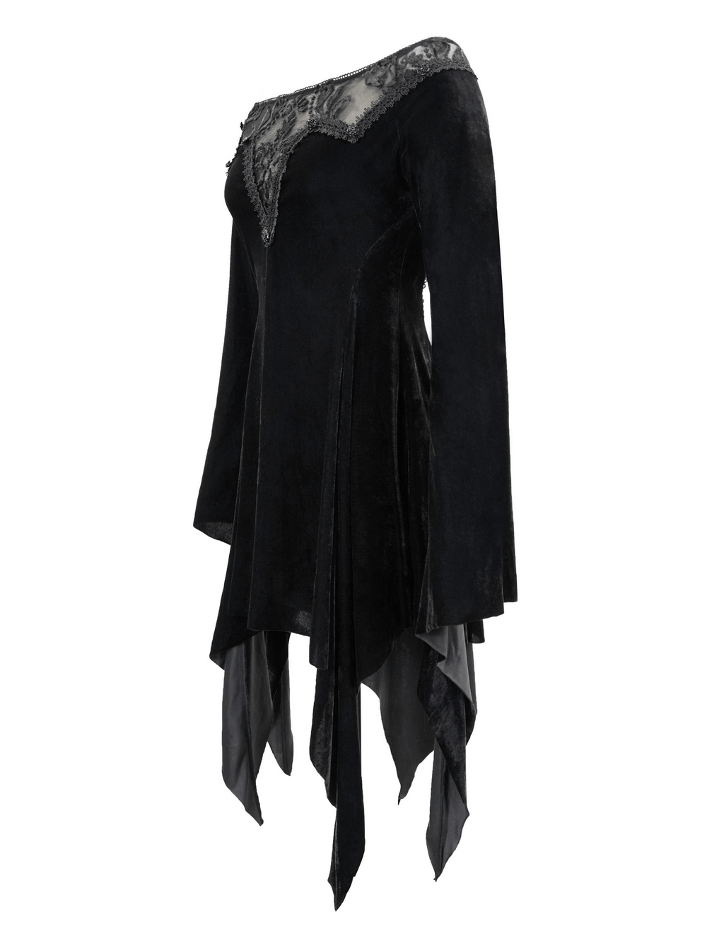 Asymmetrical black long sleeve dress with lace accents, perfect for gothic fashion enthusiasts.