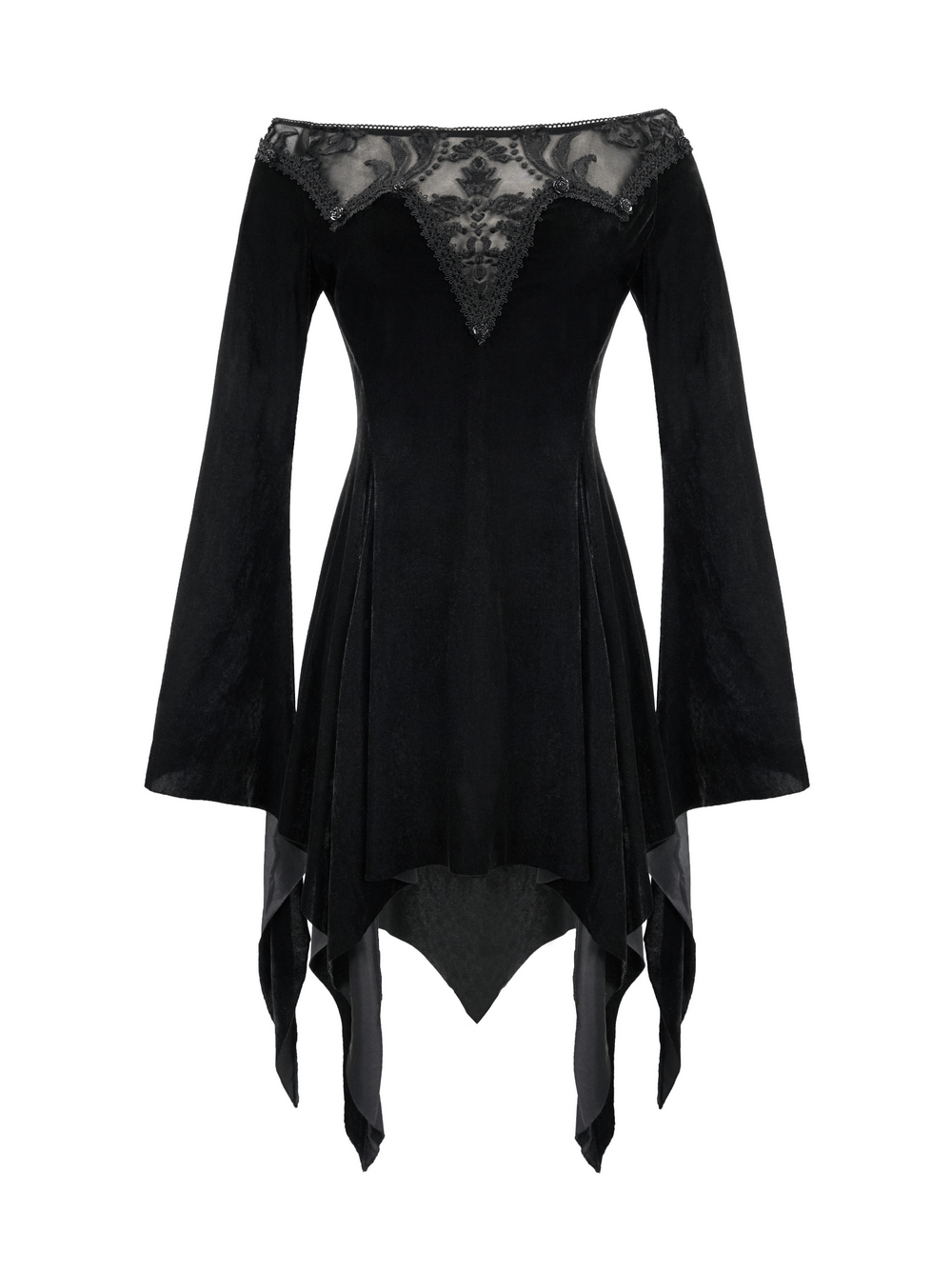 Stylish black asymmetrical long sleeve dress with lace insert, perfect for gothic fashion lovers.
