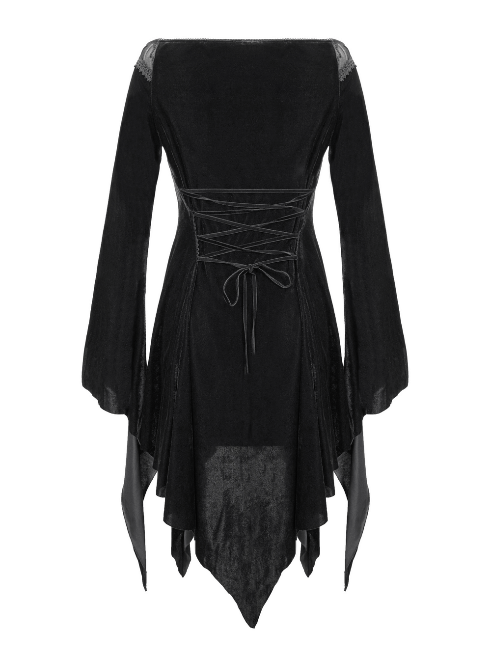 Back view of a sexy asymmetrical black velvet dress with long bell sleeves and lace insert for gothic style.