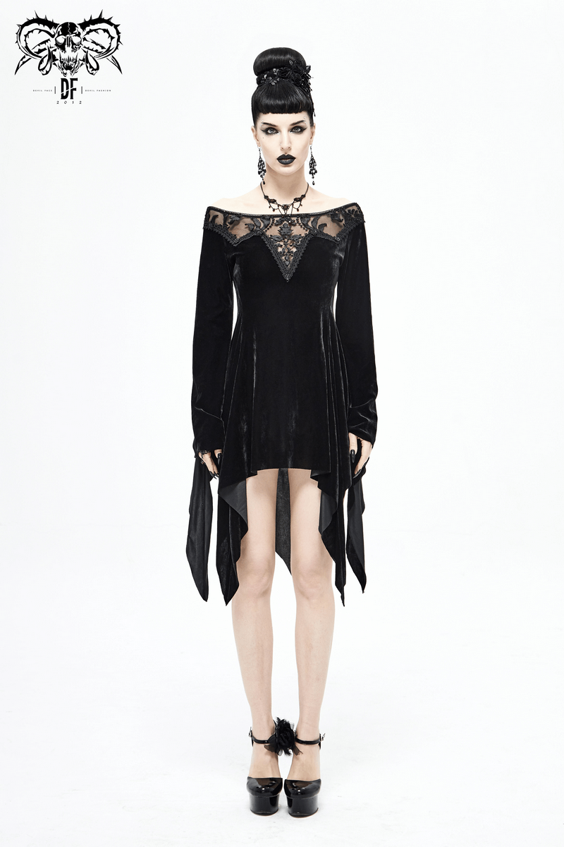 Gothic velvet black long sleeve dress with open shoulders and lace detail, perfect for a stylish and edgy look.
