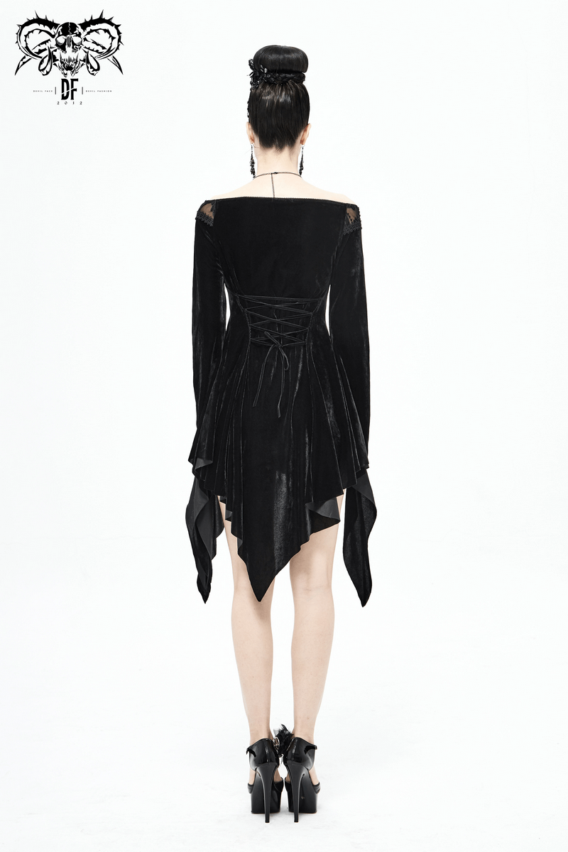 Back view of a sexy asymmetrical black velvet dress with open shoulders and lace details, perfect for gothic fashion.