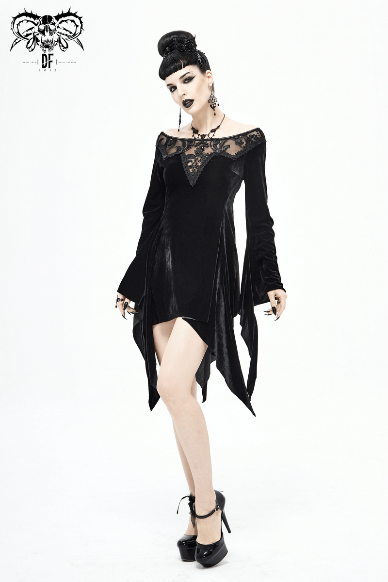 Gothic velvet black long sleeve dress with lace insert, featuring asymmetrical hem and stylish open shoulder design.