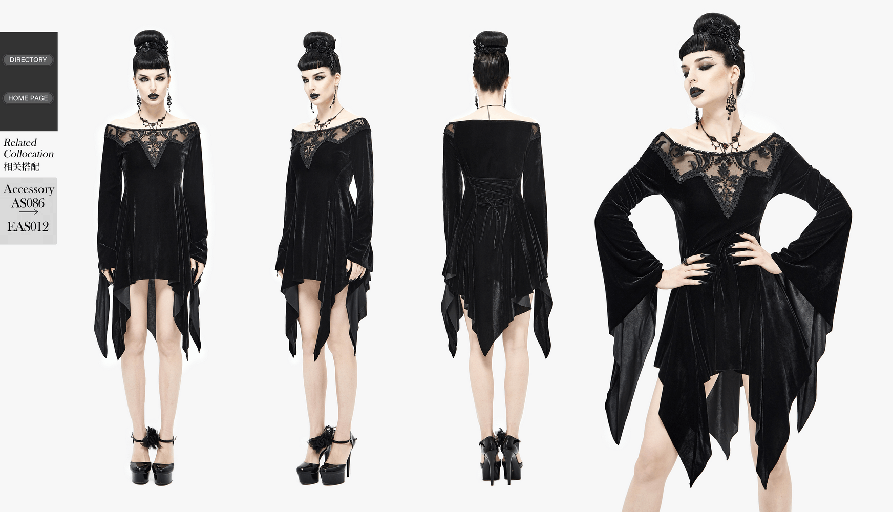 Gothic women's black asymmetrical dress with lace detail and long sleeves, perfect for a stylish night out.