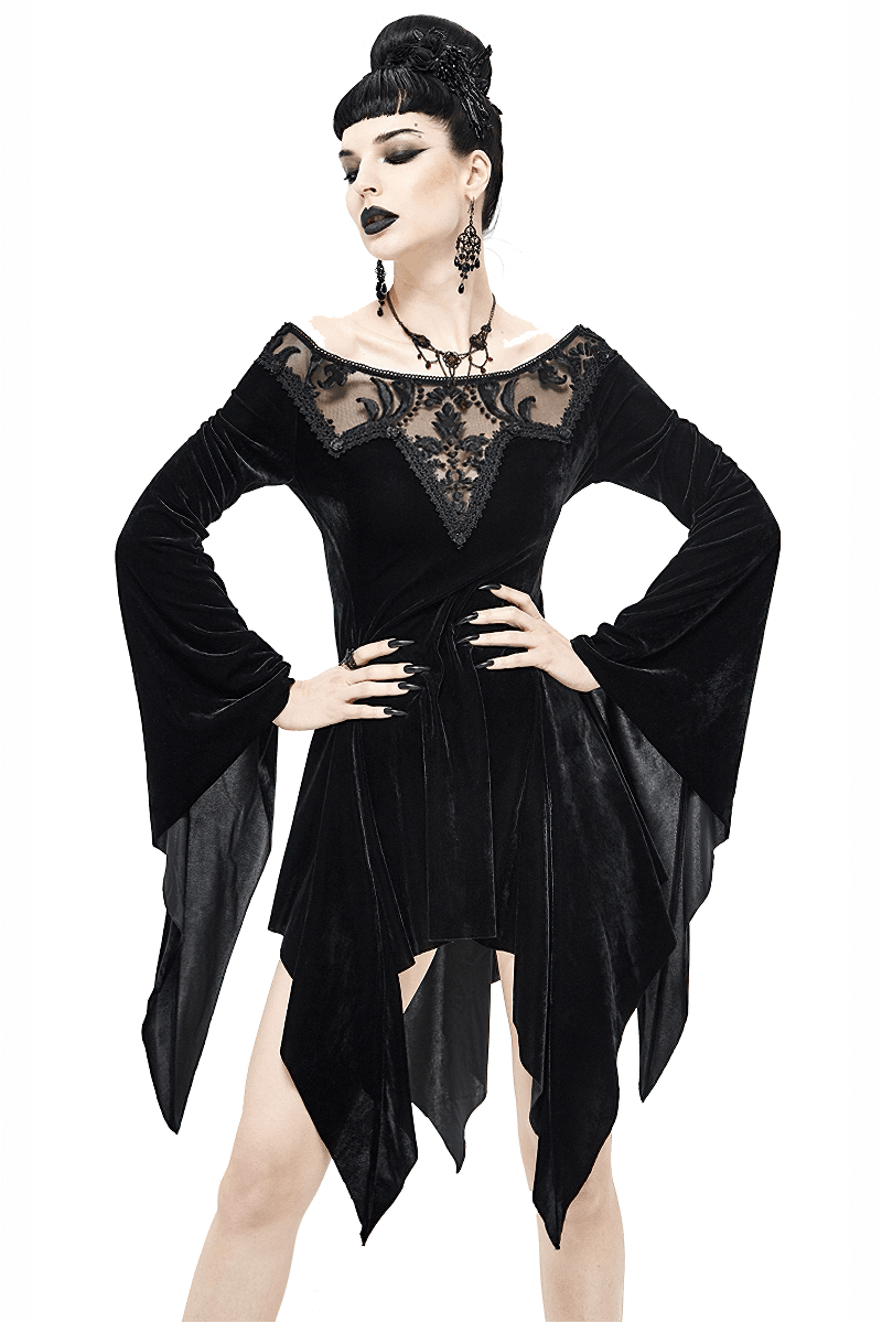 Gothic black asymmetrical long sleeve dress with lace insert, stylish women's velvet outfit for a chic look.