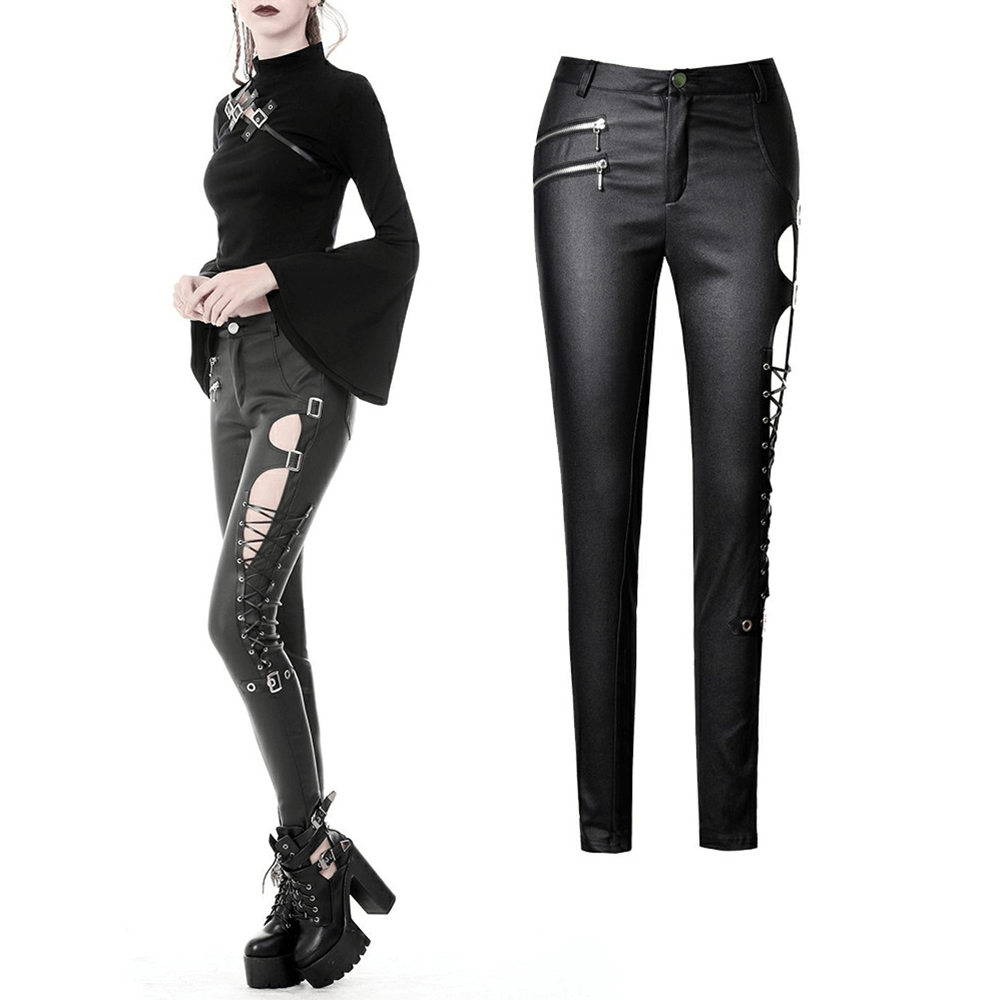 Sexy Asymmetrical Skinny Pants with Cutout Side and Lace-up