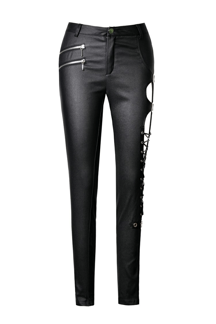 Sexy asymmetrical skinny pants with cutout side and lace-up detailing, perfect for a gothic punk fashion statement.