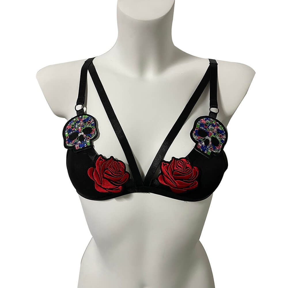 Sexy Black Bra With Red Roses and Skulls / Erotic Female Bras with Adjustable Straps - HARD'N'HEAVY