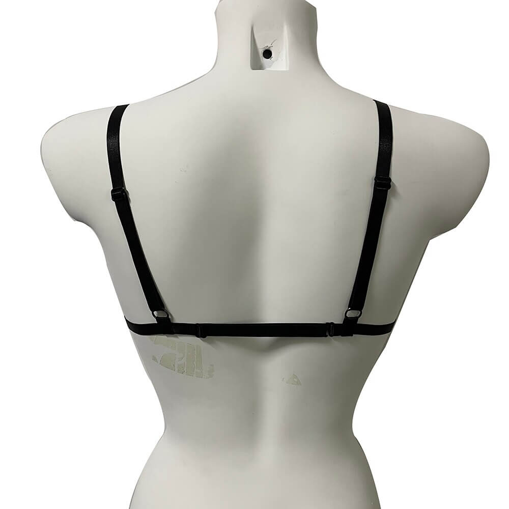 Back view of a sexy black bra with adjustable straps, showcasing its enticing design and perfect fit.