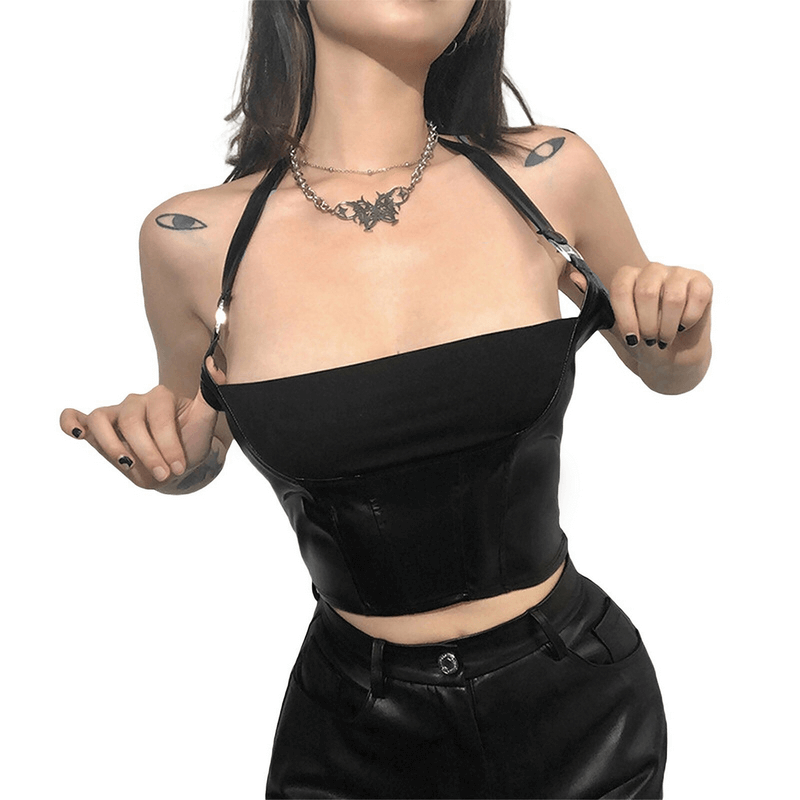 Sexy Black Cropped Tank Top with Buckles / Halter Short Top / Women's Apparel in Rock Style - HARD'N'HEAVY