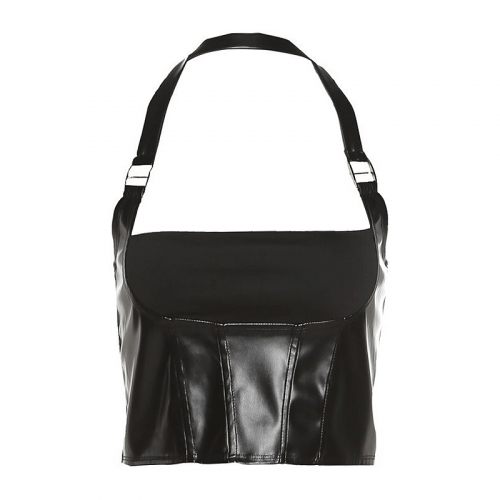 VENTA EN LA UE de Top Corto Negro Sexy con Hebillas / Top Corto Halter / Ropa para Mujer